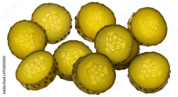 Fototapeta Isolated Pickle Slices, Fermented Pickles, Sliced Pickles, Yellowish Green Dill Pickles, Gherkins