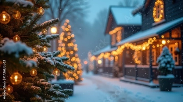 Fototapeta christmas scene at night. focus on tree, bokeh