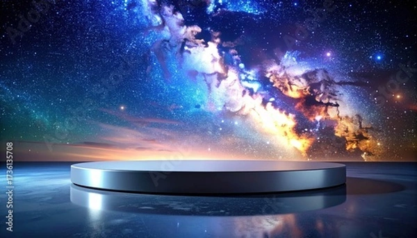 Fototapeta Metallic Platform under Cosmic Sky Displaying Galaxy and Stars with Ambient Lighting