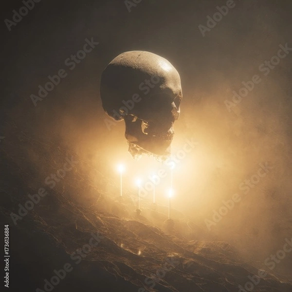 Fototapeta Ethereal Skull Illuminated by Intense Golden Light Amidst Smoky Atmosphere.