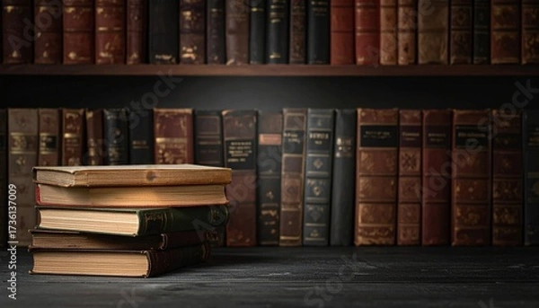 Fototapeta Stack of Vintage Books in Dark Room with Bookshelf Background