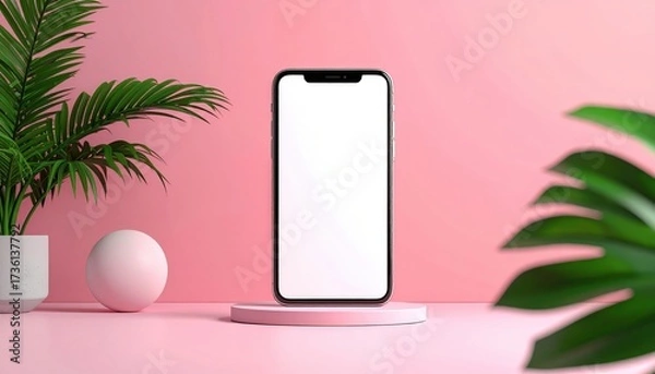 Fototapeta Smartphone Displaying White Screen on Pink Pedestal with Green Foliage and a Sphere in Studio