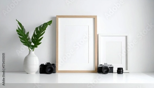 Fototapeta Minimalist Interior Design with Blank Picture Frames and Decorative Elements on White Surface