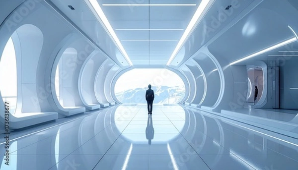 Fototapeta Man Standing in Futuristic White Corridor with Panoramic Window and Mountain View with Blue Lighting