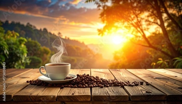 Fototapeta Steaming Coffee Cup on Wooden Table with Coffee Beans and Blurred Background of Sunset Over Trees