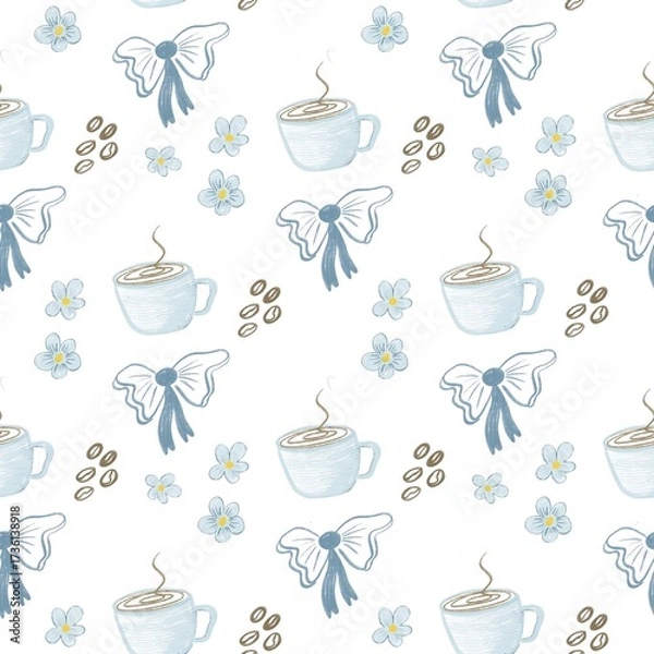 Fototapeta Seamless hand-drawn pattern with coffee cups, blue bows, delicate flowers, and coffee beans. Cute and cozy design in soft pastel colors on a white background. Perfect for café decor, coffee shop brand