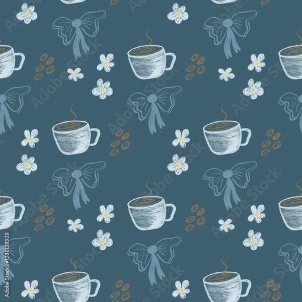 Fototapeta Seamless hand-drawn pattern with coffee cups, blue bows, delicate flowers, and coffee beans. Cute and cozy design in soft pastel colors on a white background. Perfect for café decor, coffee shop brand