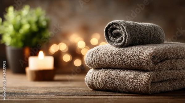 Fototapeta Neatly stacked soft gray towels sit on a weathered wood surface complemented by a flicke candle and small green plant providing a relaxing spa atmosphere.