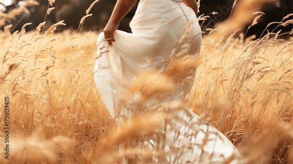 Fototapeta Close-up of chicken hen wandering through golden wheat field during harvest season. Natural farming scene with free-range poultry foraging among ripe cereal crops in warm sunlight.