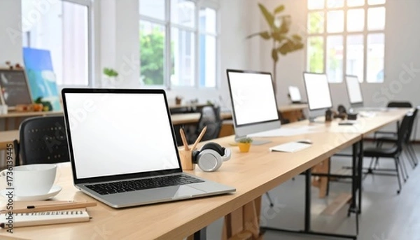 Fototapeta Modern Office Workspace with Laptop Computer and Monitor Displays Wooden Desk Environment Natural Lighting