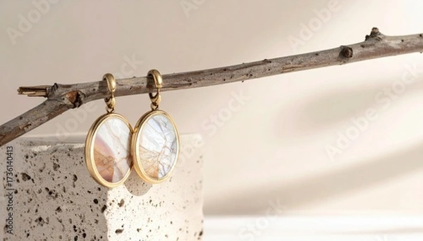 Fototapeta Oval Gold Earrings with Beige Agate on Beige Terrazzo and Branch