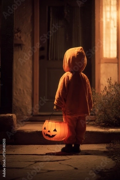 Fototapeta A small child dressed in an orange hooded outfit and carrying a jack-o'-lantern bucket stands on a porch.