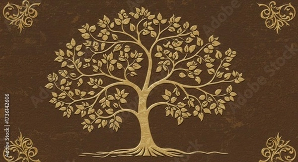 Fototapeta tree of life with golden leaves — elegant decorative illustration on brown textured background