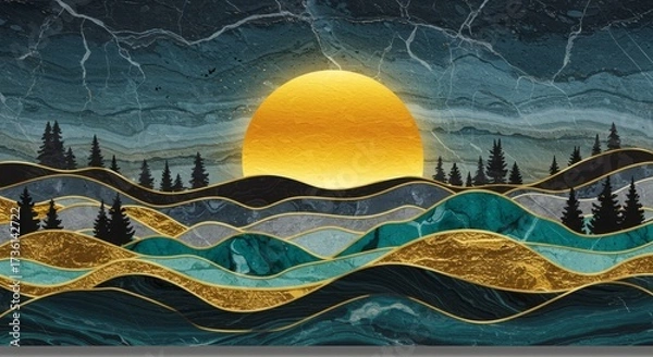 Fototapeta sunset over layered waves with teal and gold textures — abstract landscape illustration