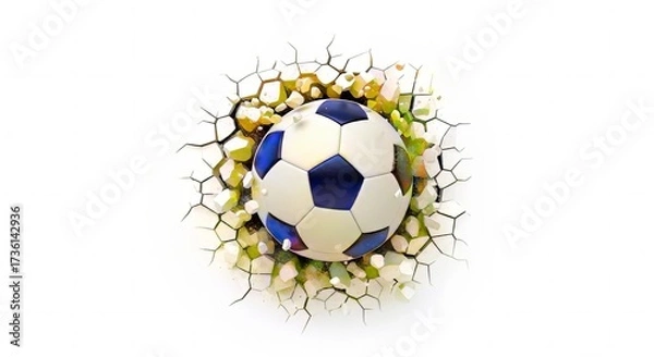 Obraz Soccer ball breaking through a wall with colorful debris in an imaginative representation of energy and excitement in sports