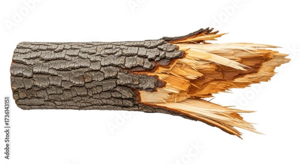 Fototapeta Isolated broken log lying horizontally showing wood splinters, cracked tree bark texture