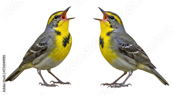 Fototapeta Isolated Two Singing Canada Warbler Birds Calling Out to Each Other, Songbirds in a Group