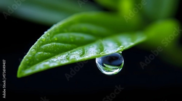 Fototapeta Close-up of a single water droplet resting on the surface of a lush, green leaf against a dark background, showcasing the natural beauty and delicate texture of the plant