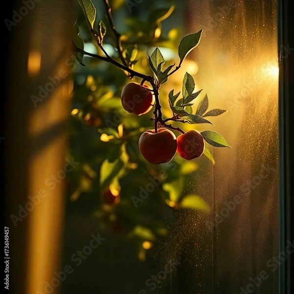 Fototapeta Extreme macro volumetric lighting close up of apple tree through the hole in the room