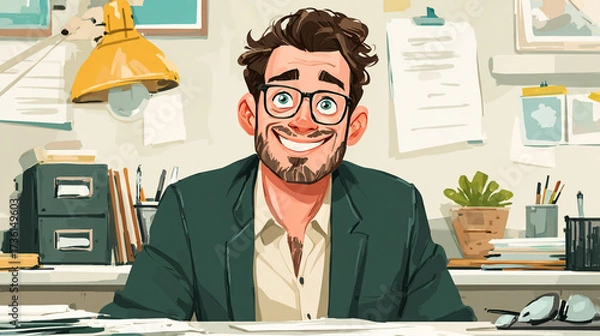 Fototapeta Cartoon man smiling at desk with lamp and office supplies.