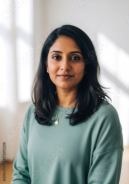 Obraz A Portrait Of A Young South Asian Woman With A Gentle Smile, Looking Directly At The Camera In A Bright Indoor Setting. Ideal For Professional Or Lifestyle Content.