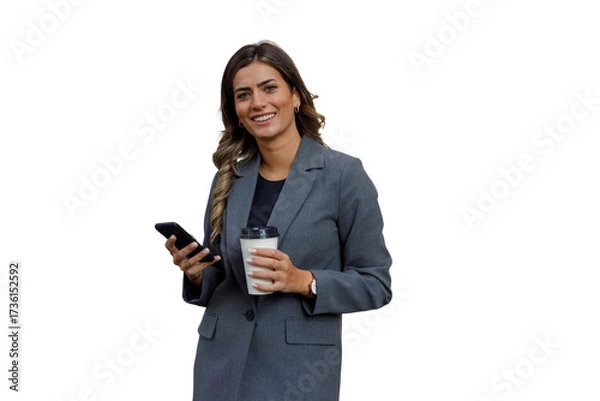 Obraz Professional businesswoman smiling, holding coffee cup and phone, enjoying a break, transparent background