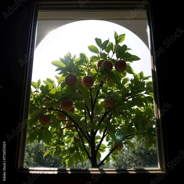 Fototapeta Top down perspective photograph an apple tree viewed from a bedroom