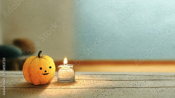 Fototapeta Small pumpkin with cute face and lit candle on wooden surface creating cozy warm atmosphere
