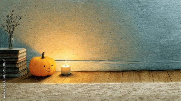 Fototapeta Cozy Halloween scene with small carved pumpkin and lit candle casting warm light on wooden floor and textured wall