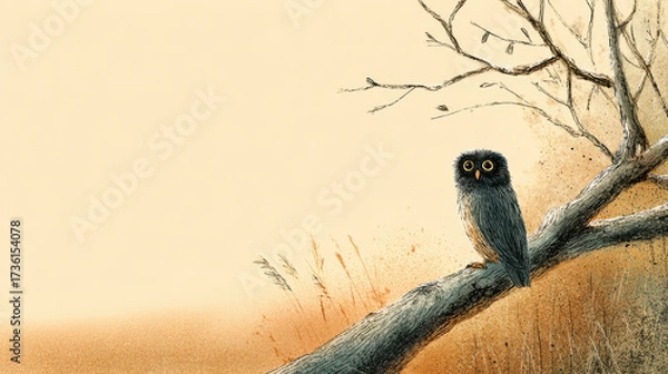 Fototapeta Little owl perched on bare tree branch with soft beige background, creating calm and cozy natural scene