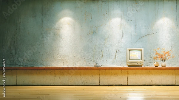 Fototapeta Vintage computer on wooden shelf with dried flowers and books under soft wall lights in minimal retro room