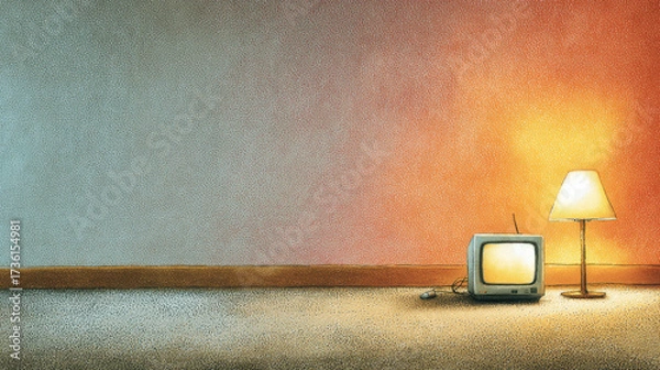 Fototapeta Vintage television and glowing lamp on carpeted floor with textured wall in warm cozy room