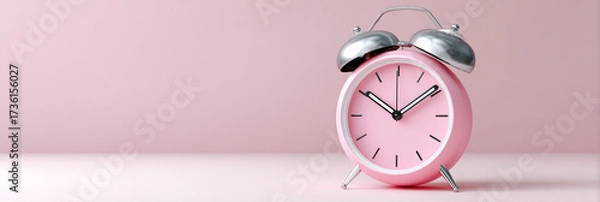 Fototapeta Vintage pink alarm clock with silver bells and black hands, resting on a soft pink surface, creating a nostalgic and cheerful atmosphere for time management concepts