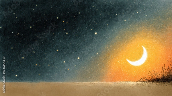 Fototapeta Crescent moon glowing softly over sandy landscape with starry night sky and gentle plants creating peaceful atmosphere