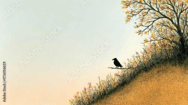 Fototapeta Autumn landscape with black bird perched on branch near tree with orange and yellow leaves, evoking calm and solitude