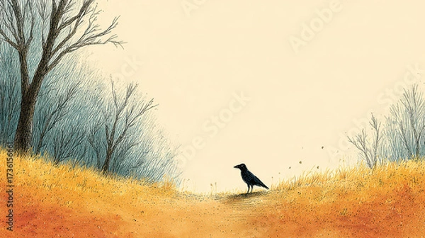 Fototapeta Black crow stands on dry grass field with bare trees and soft beige sky background, evoking calm and solitude in nature
