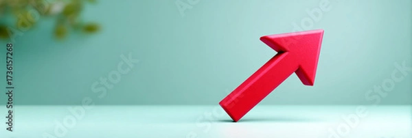 Fototapeta Red upward arrow symbol on a soft green background, representing growth and progress, with a minimalistic design that emphasizes positivity and forward movement in visual communication