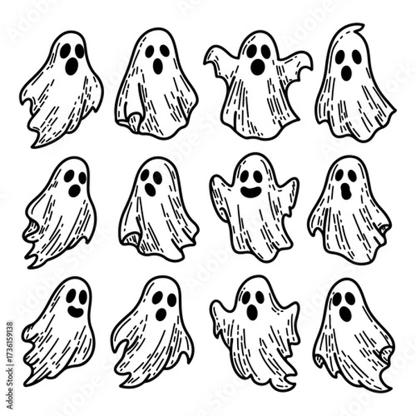 Obraz Collection of hand drawn Halloween ghosts and spooky characters