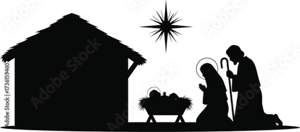 Fototapeta Nativity scene silhouette with star and holy family design