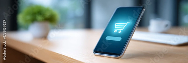 Fototapeta Smartphone mock up displaying online shopping cart icon on screen, positioned on wooden desk with blurred background, showcasing modern technology and e-commerce concept