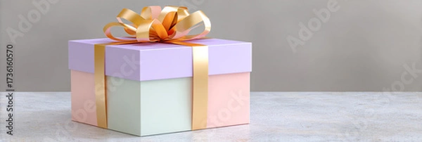 Fototapeta Colorful gift box with a shiny ribbon sits on a textured surface, showcasing a festive atmosphere perfect for celebrations and special occasions with copy space