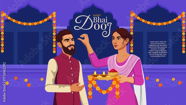 Fototapeta Sister Applying Tilak on Brother’s Forehead – Bhai Dooj Celebration Vector Art