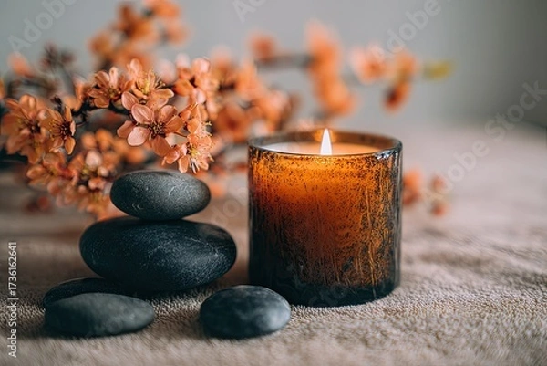 Fototapeta Aromatic candle and stones, serene setting