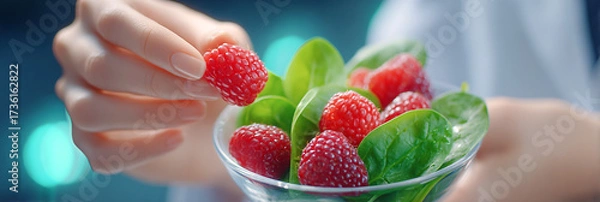 Fototapeta Fresh raspberries being carefully picked from a bowl filled with vibrant green spinach leaves, showcasing healthy eating and culinary creativity in a bright kitchen environment
