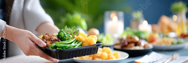 Fototapeta Person holding a black meal container filled with green beans, broccoli, and diced fruit, surrounded by a beautifully arranged dining table setting with candles and fresh food