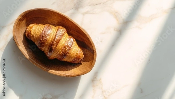 Fototapeta A golden croissant rests in a wooden bowl on a marble surface, bathed in sunlight