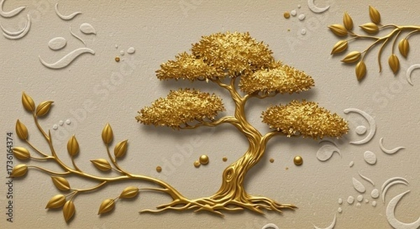Fototapeta Golden bonsai relief on beige — sophisticated 3D embossed tree mural