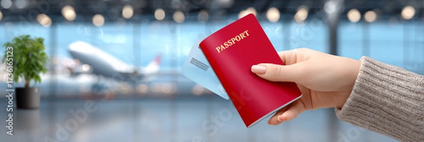Fototapeta Hand holding a red passport and boarding pass at an airport terminal, with blurred airplane and modern interior design in the background, symbolizing travel and adventure