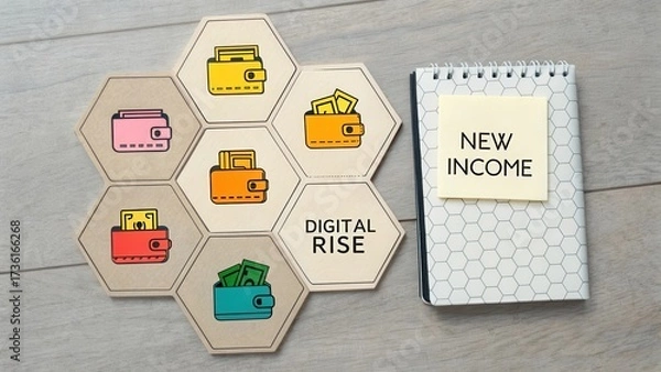Fototapeta Concept of Digital Income Growth with Wallet Icons and Notepad