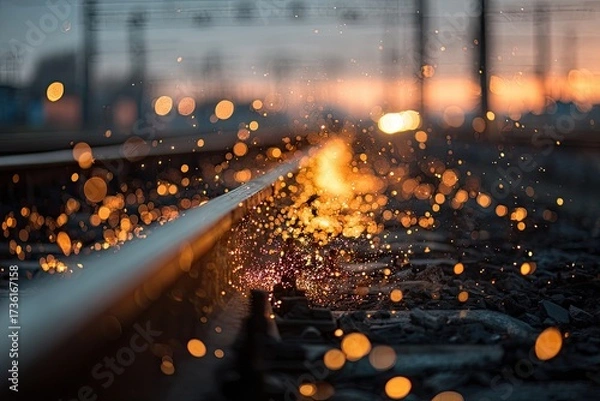 Fototapeta Railway tracks ablaze with sparks from welding.  Blurred city lights and sunset bokeh